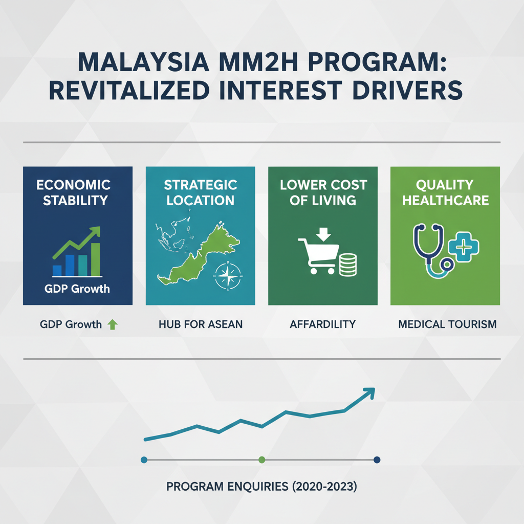 Infographic showing factors driving renewed interest in Malaysia's MM2H program: economic stability, strategic location, lower cost of living, and quality healthcare.