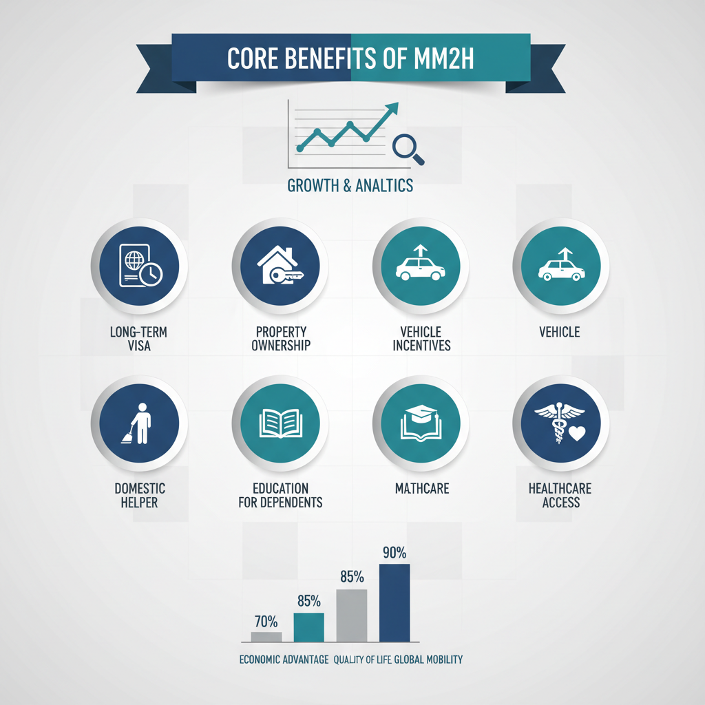 Infographic detailing core benefits of Malaysia My Second Home (MM2H) program