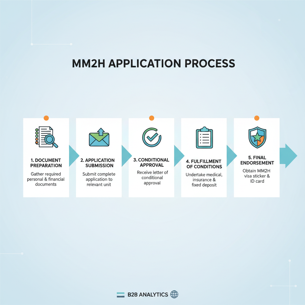 Infographic showing the step-by-step MM2H application process for Malaysia My Second Home visa