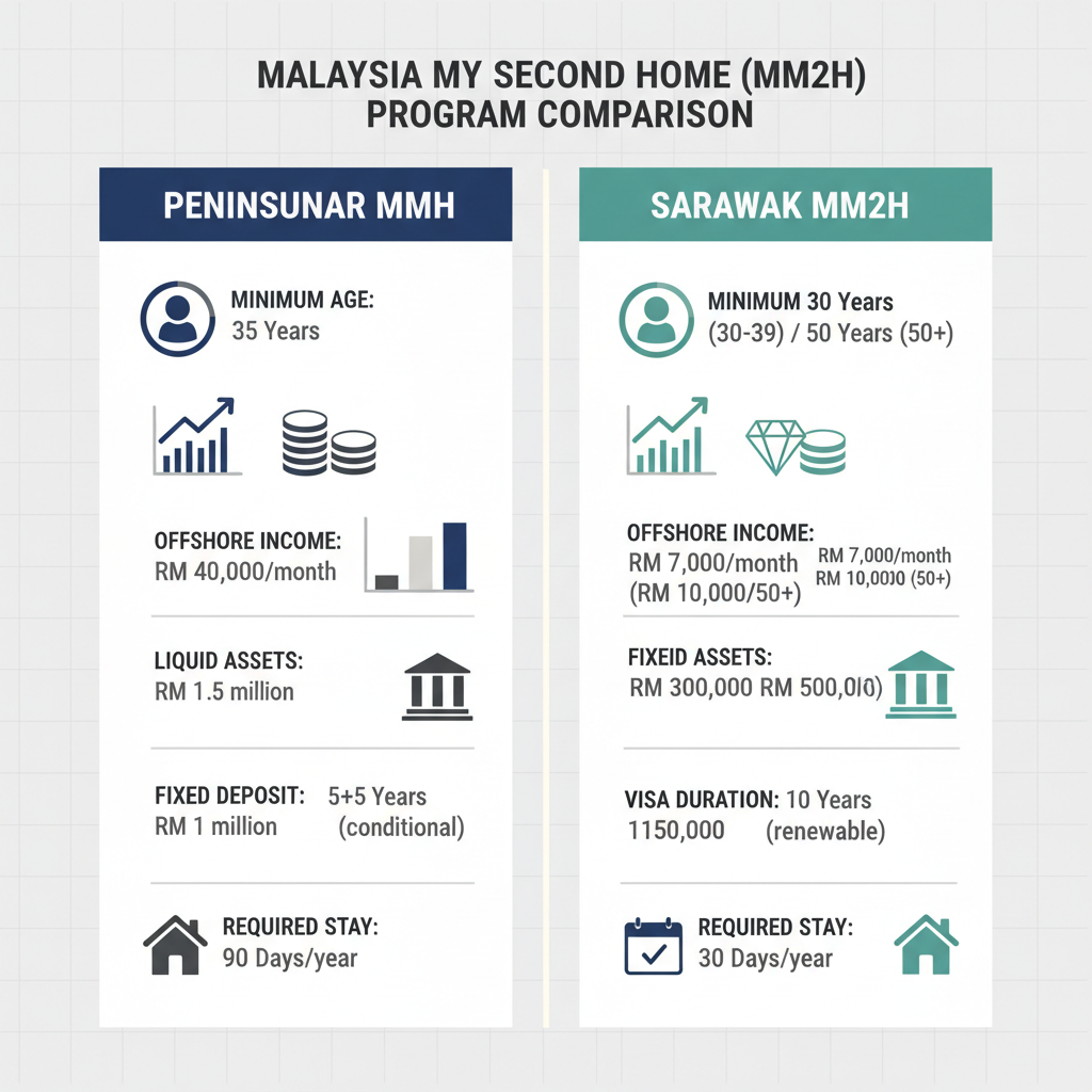 Infographic comparing Peninsular MM2H vs Sarawak MM2H eligibility requirements for long-term residency in Malaysia