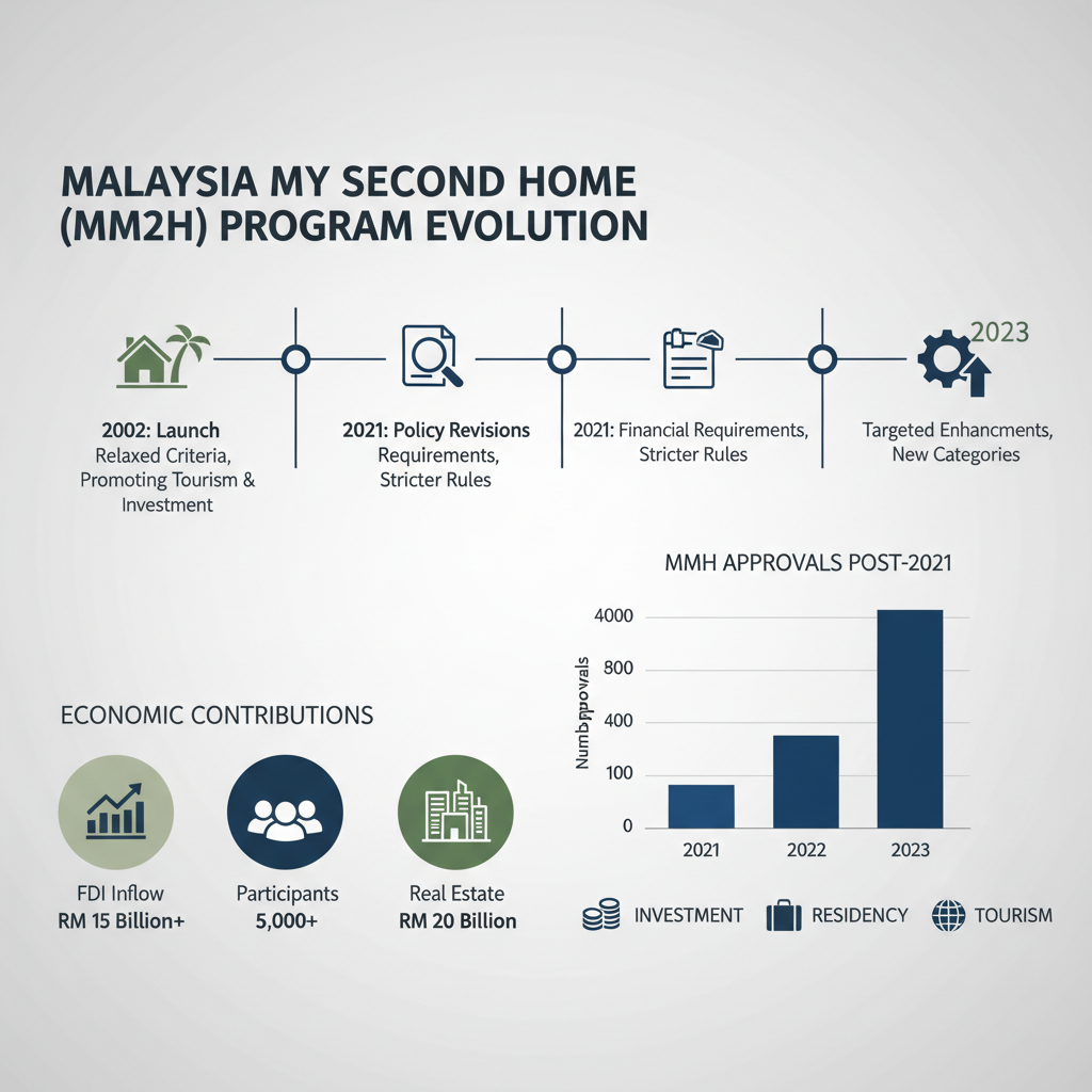 Infographic detailing Malaysia My Second Home (MM2H) program changes over time, showing a sharp decline in approvals after 2021 reforms.