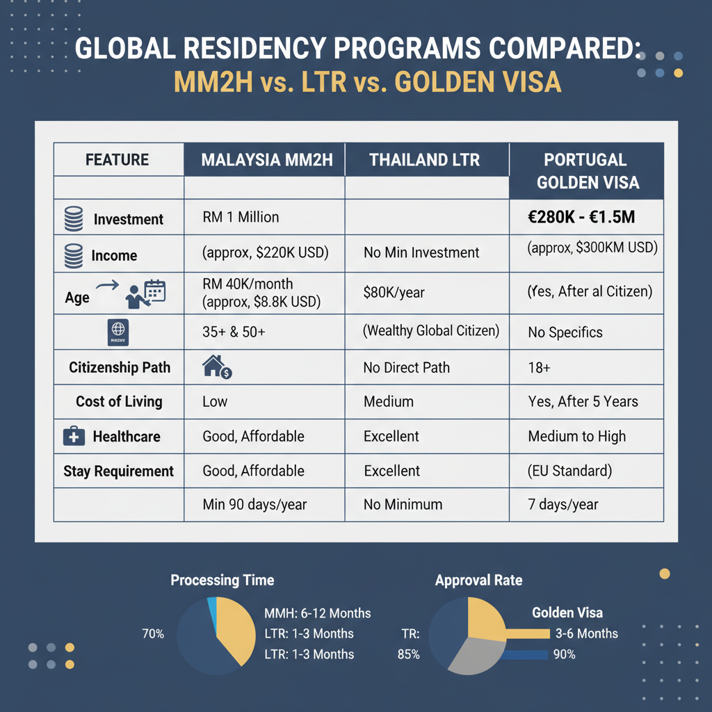 Comparison infographic of Malaysia's MM2H program requirements versus Thailand's Long-Term Resident Visa and Portugal's Golden Visa, detailing investment, income, and lifestyle factors.