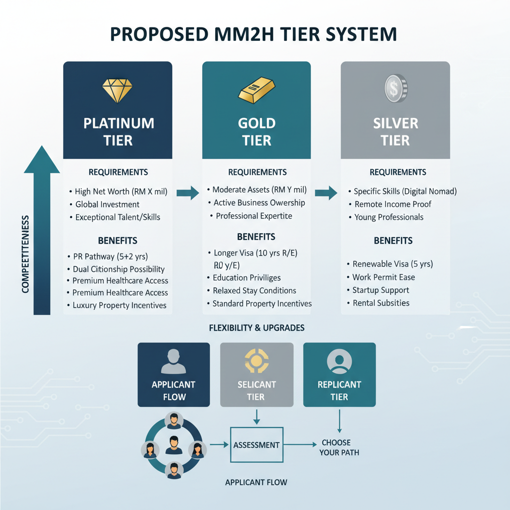 Infographic illustrating a proposed multi-tiered system for the Malaysia My Second Home (MM2H) program, detailing Platinum, Gold, and Silver categories with varying requirements and benefits.