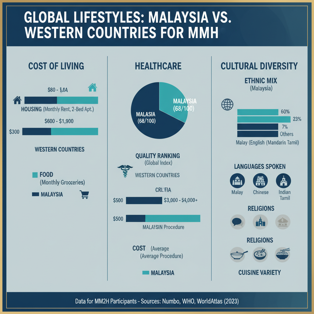 Infographic comparing cost of living, healthcare, and lifestyle benefits in Malaysia for MM2H participants versus Western countries