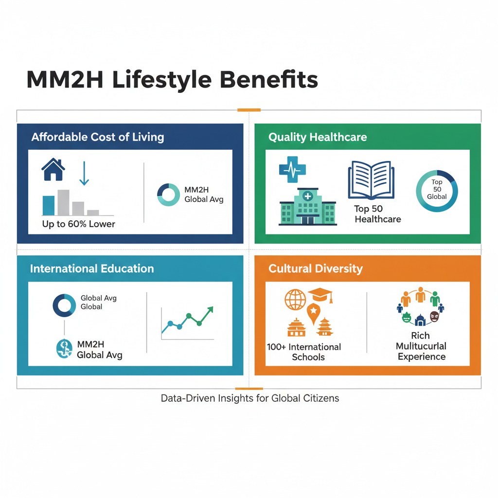 Infographic detailing the lifestyle benefits of the Malaysia My Second Home (MM2H) program