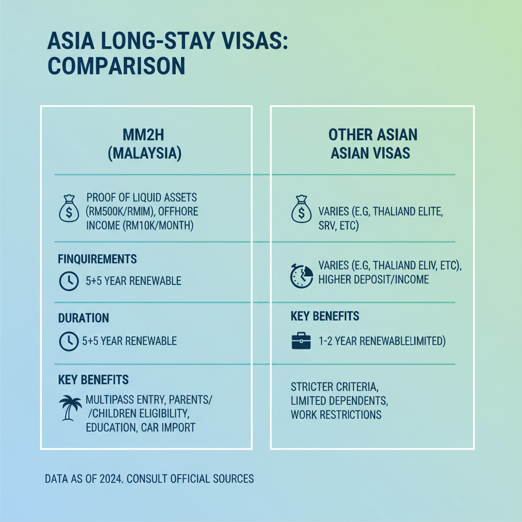 Comparison of MM2H program requirements with other Asian long-stay visas like Thailand LTR, Philippines SRRV, and Indonesia Second Home Visa, showing financial thresholds and visa duration.