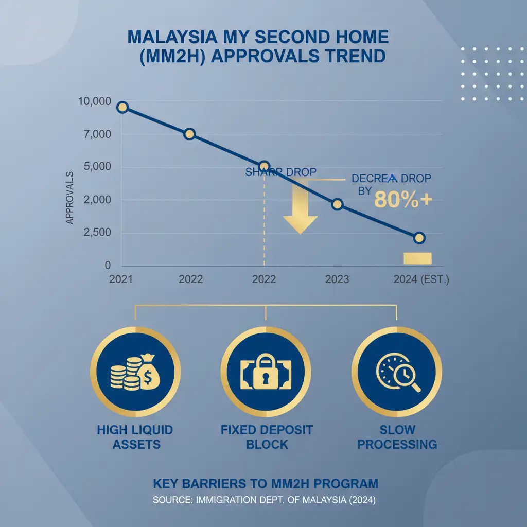 Infographic showing the decline in Malaysia My Second Home (MM2H) program approvals due to new stringent financial requirements and slow processing times.