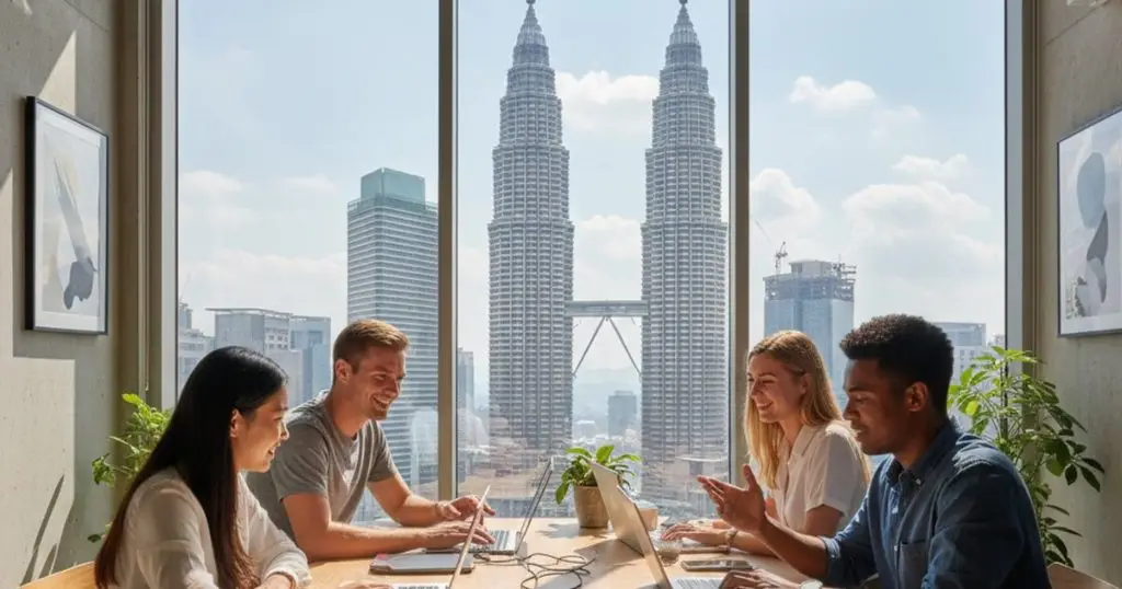 Digital nomads collaborating in a modern co-working space in Kuala Lumpur, Malaysia, highlighting the tech-savvy demographic targeted by new visa policies.