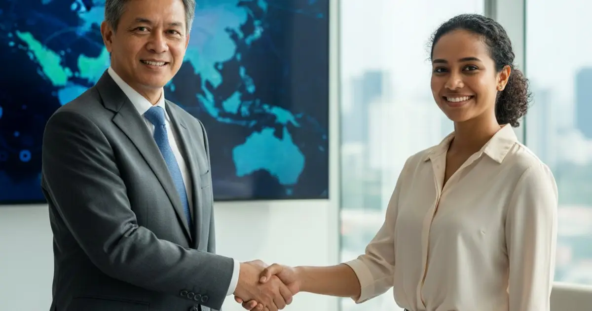 Malaysian government official discussing new digital nomad visa policies with a tech professional, symbolizing integration with the MM2H program.
