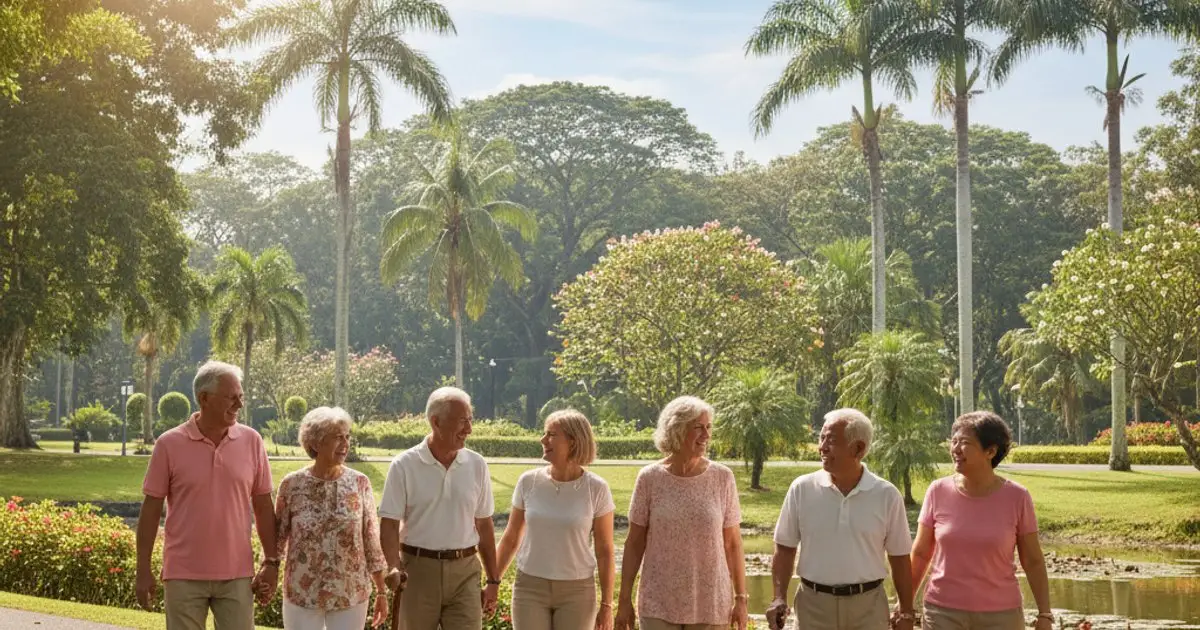 Foreign retirees enjoying a park in Malaysia, highlighting the lifestyle benefits of MM2H for seniors