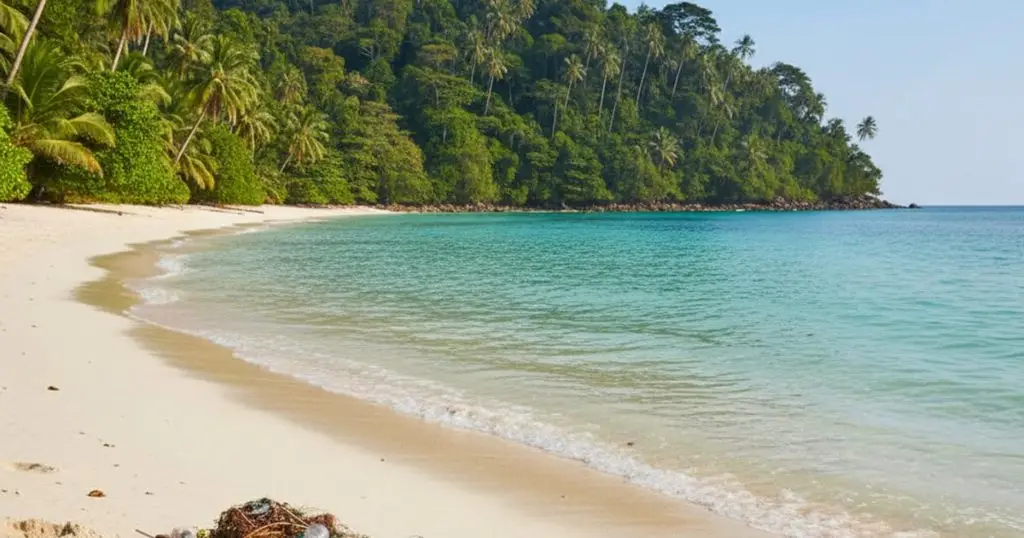 Pristine Malaysian beach with subtle plastic waste, highlighting MM2H environmental impact