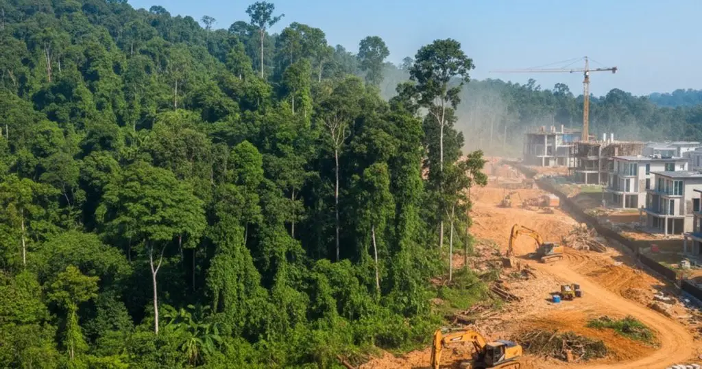 Construction encroaching on a Malaysian rainforest, highlighting the environmental impact of MM2H development