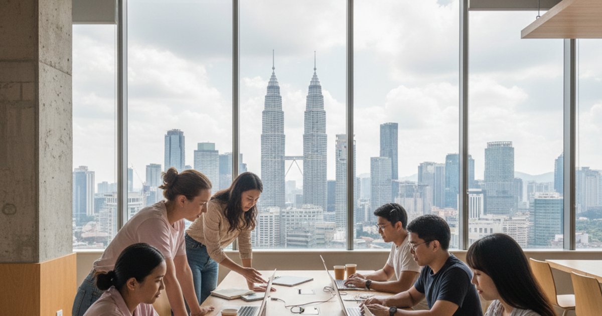 Digital nomads collaborating in a modern co-working space in Kuala Lumpur, discussing the future of MM2H
