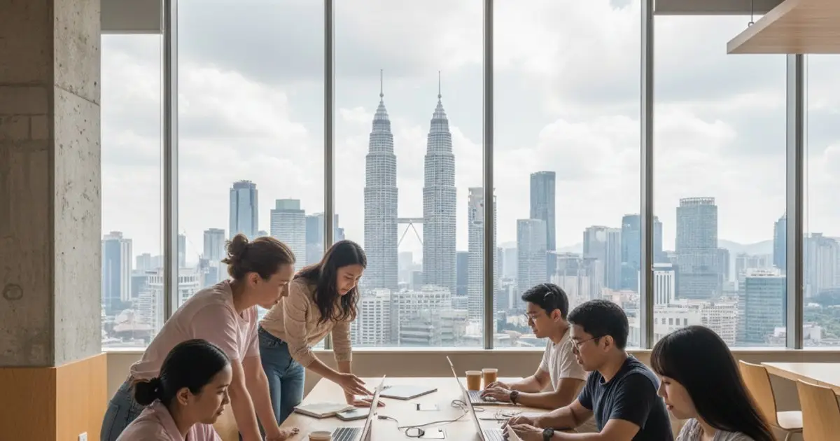 Digital nomads collaborating in a modern co-working space in Kuala Lumpur, discussing the future of MM2H