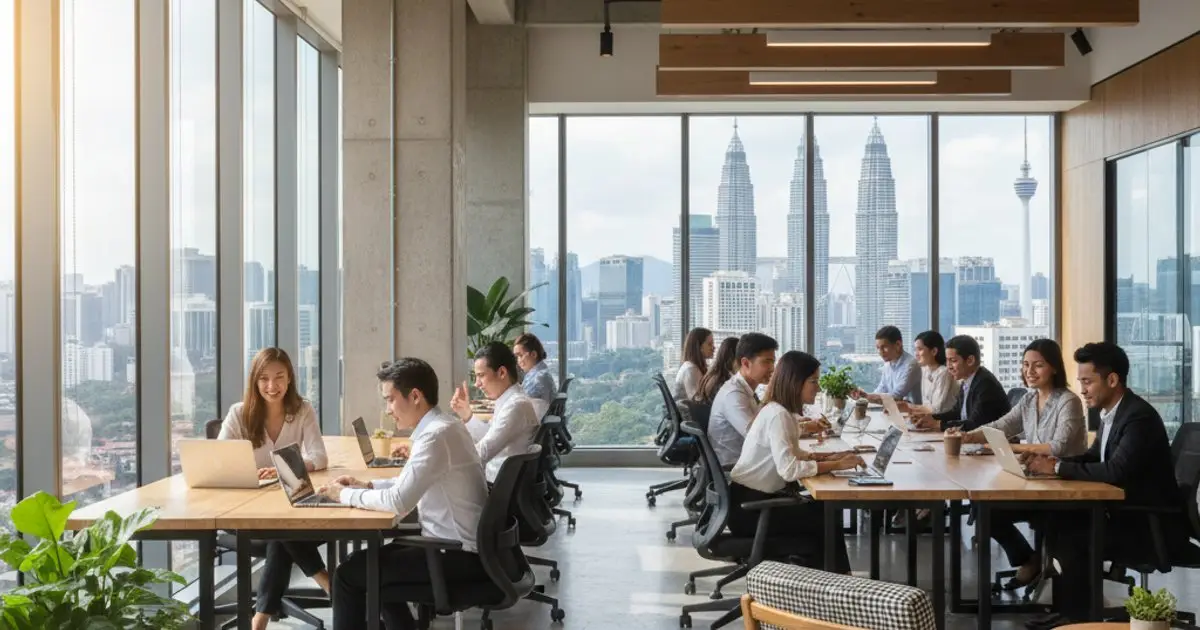Digital nomads working in a modern co-working space in Kuala Lumpur, highlighting the appeal of the new Malaysian digital nomad visa.