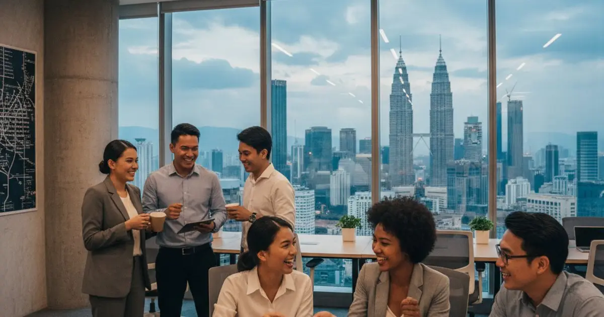 Digital nomads working in a modern co-working space in Kuala Lumpur, highlighting Malaysia's DE Rantau visa appeal