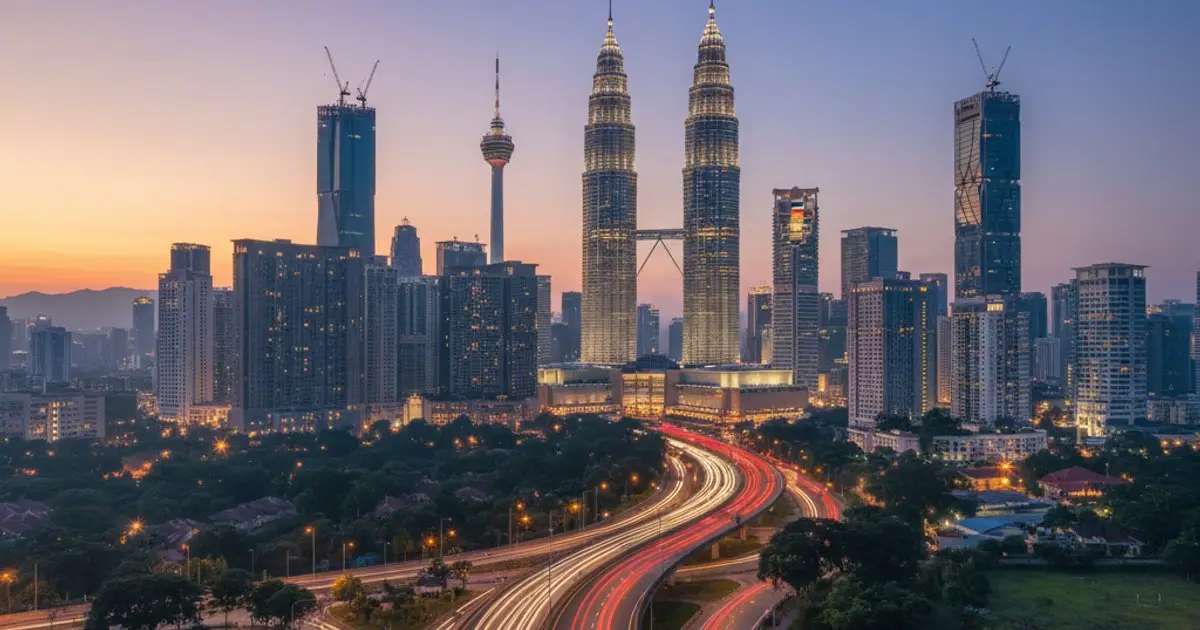Kuala Lumpur skyline at dusk, representing Malaysia's stability and MM2H appeal