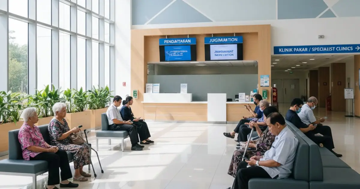 MM2H participants in a modern Malaysian hospital lobby, discussing healthcare changes