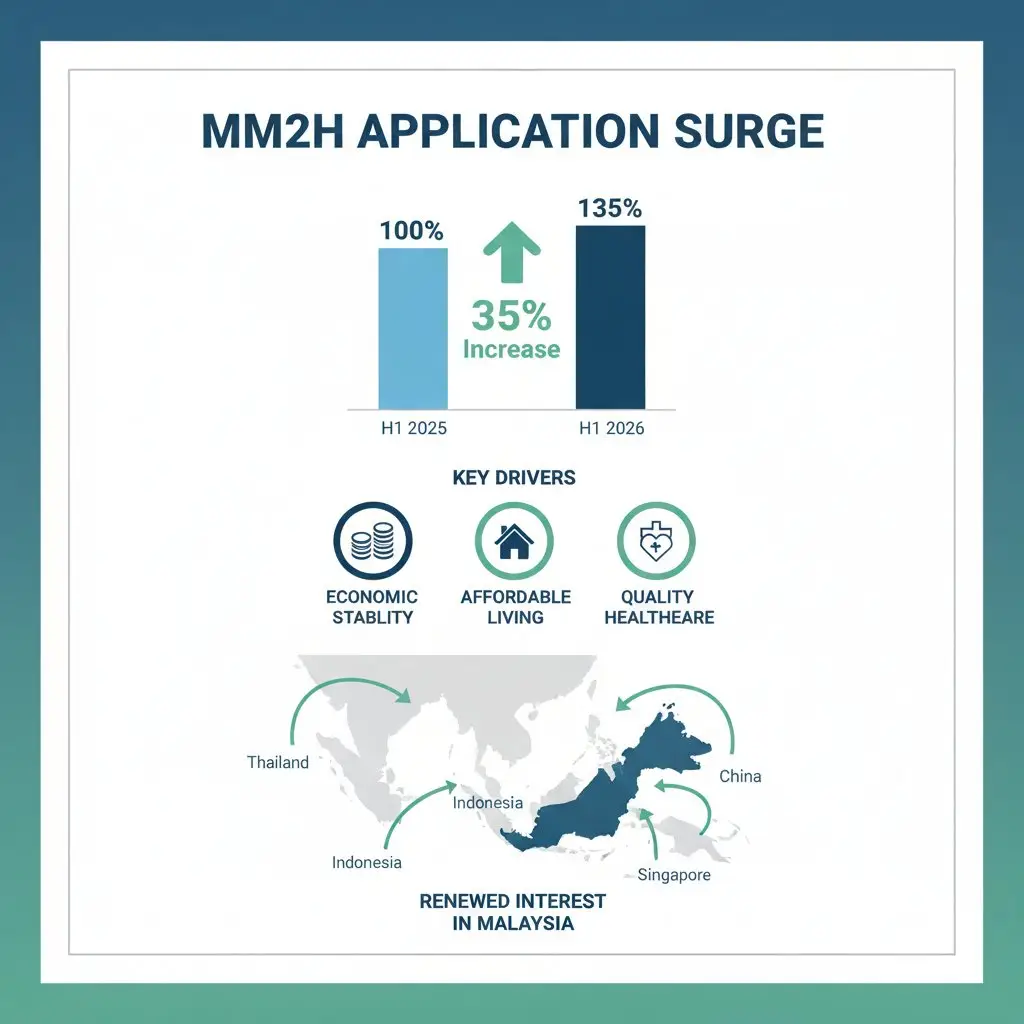 Infographic showing MM2H application surge and key drivers for MM2H to Malaysia