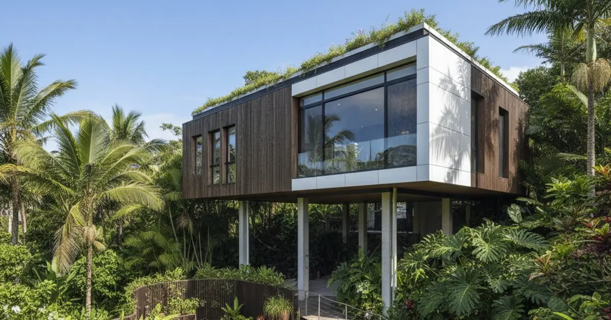 Modern flood-resistant house in Malaysia, showcasing climate resilience for MM2H