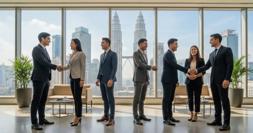 Diverse global talent and investors discussing new Malaysian residency options, with Kuala Lumpur skyline