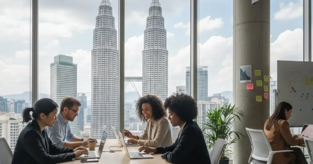 Digital nomads working in a modern Kuala Lumpur co-working space, with the Petronas Towers in the background, symbolizing Malaysia's appeal for remote workers and the new digital nomad visa.