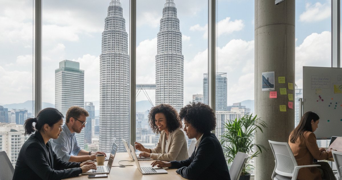 Digital nomads working in a modern Kuala Lumpur co-working space, with the Petronas Towers in the background, symbolizing Malaysia's appeal for remote workers and the new digital nomad visa.