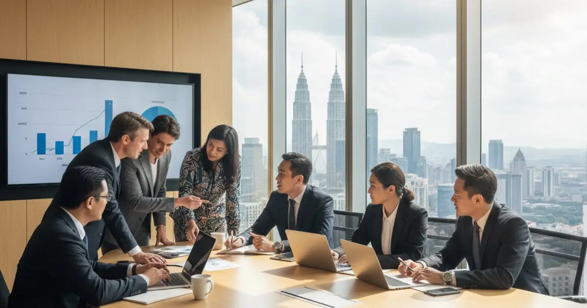International professionals discussing business in Kuala Lumpur, reflecting MM2H economic integration