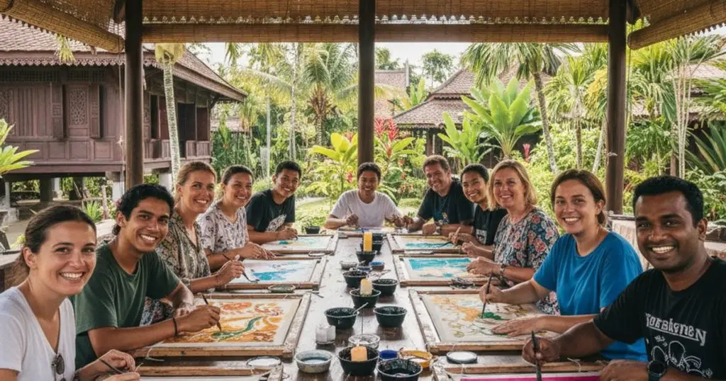 Diverse group of MM2H residents and locals participating in a Malaysian batik painting workshop, symbolizing cultural immersion.