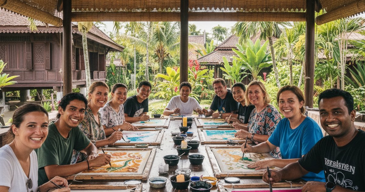 Diverse group of MM2H residents and locals participating in a Malaysian batik painting workshop, symbolizing cultural immersion.