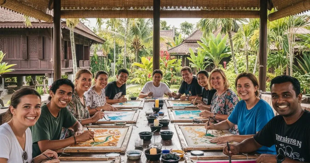 Diverse group of MM2H residents and locals participating in a Malaysian batik painting workshop, symbolizing cultural immersion.