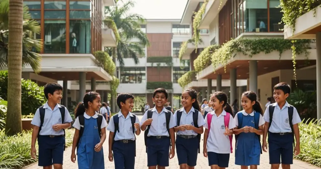 Diverse children walking in a modern international school campus, symbolizing enhanced MM2H educational benefits
