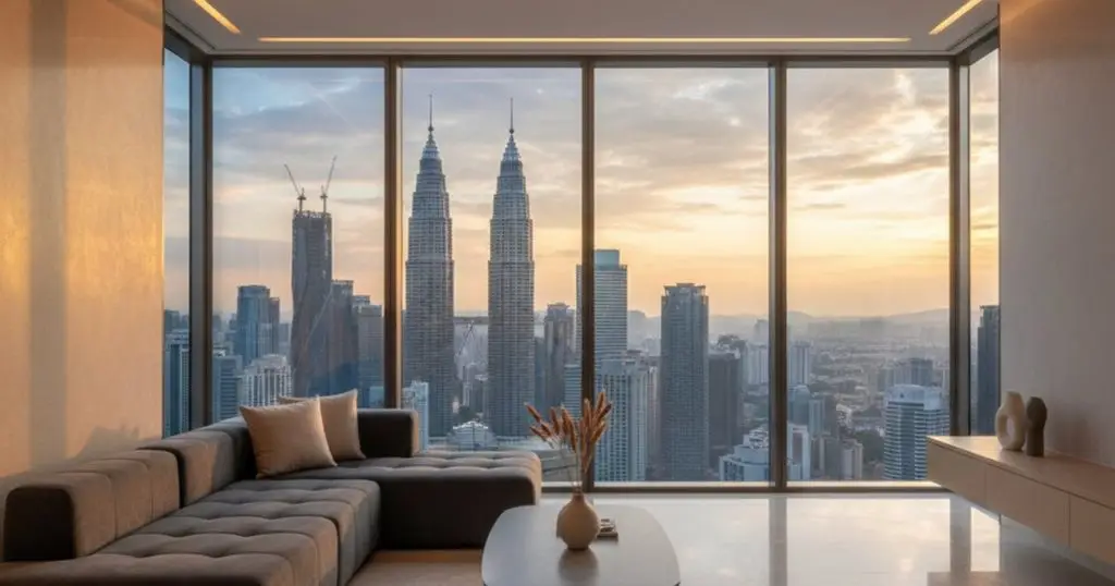 Luxury condominium with Kuala Lumpur skyline view, showcasing MM2H property investment potential