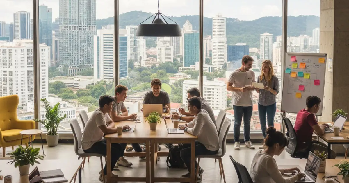 Digital nomads working in a modern co-working space in Malaysia, highlighting the DE Rantau Pass appeal