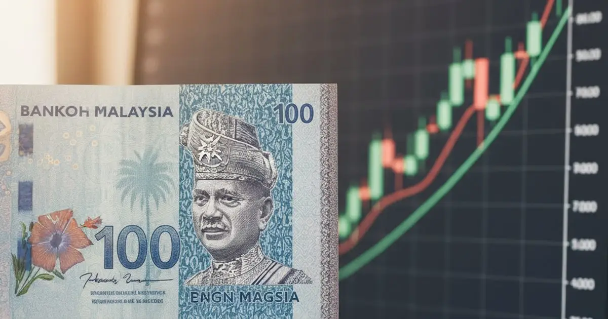 Malaysian Ringgit banknote with rising interest rate graph in background, symbolizing MM2H financial impact
