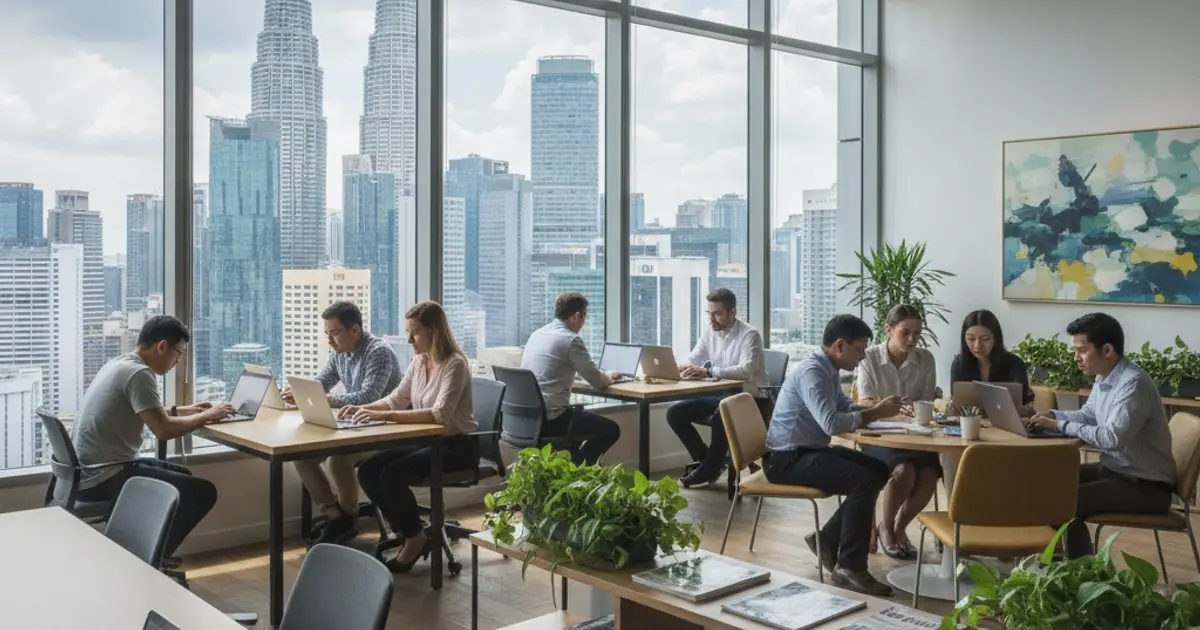 Digital nomads working in a modern co-working space in Kuala Lumpur, highlighting the appeal of the DE Rantau visa over the MM2H Programme.