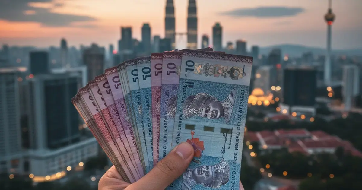 Malaysian Ringgit banknotes with Kuala Lumpur skyline, representing MM2H financial implications