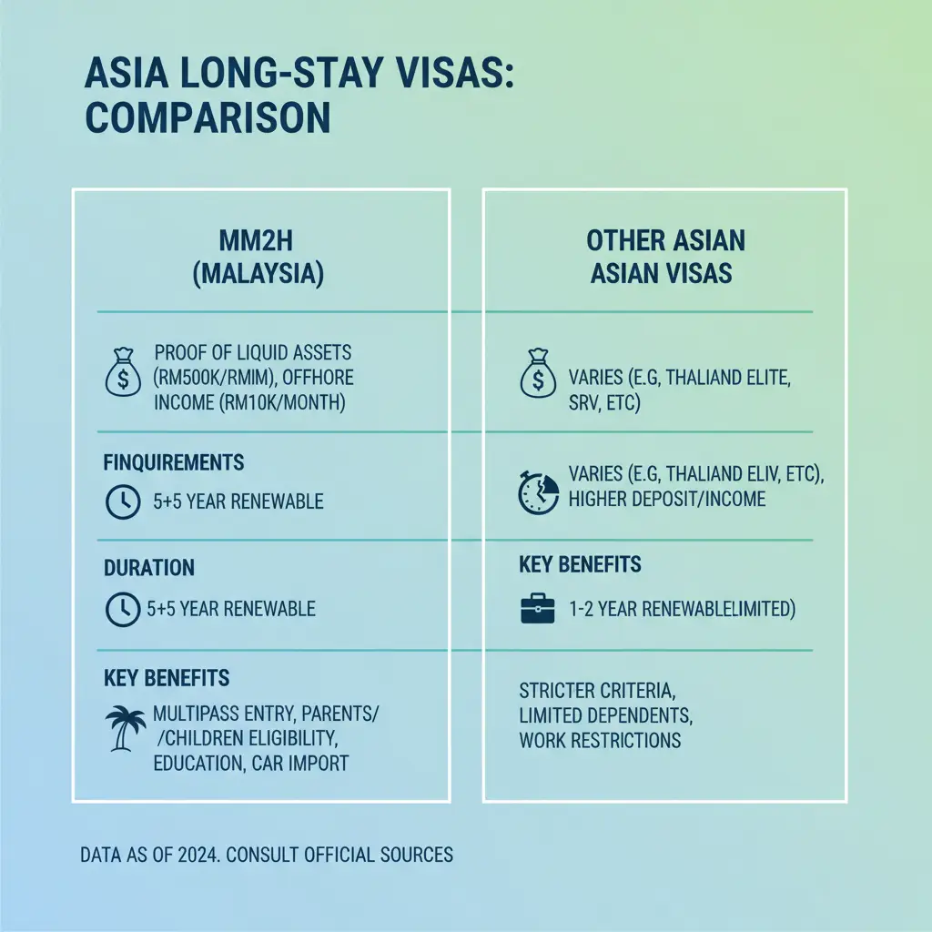 Comparison of MM2H program requirements with other Asian long-stay visas like Thailand LTR, Philippines SRRV, and Indonesia Second Home Visa, showing financial thresholds and visa duration.