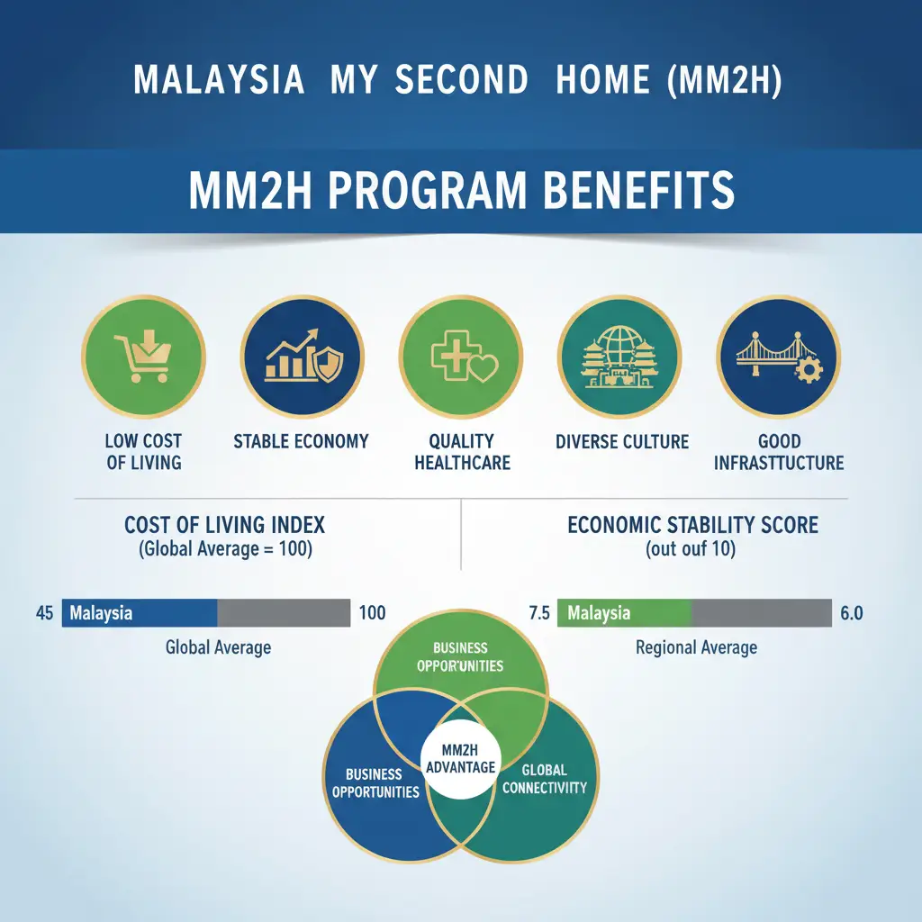 Key benefits of Malaysia My Second Home (MM2H) program, including low cost of living, stable economy, quality healthcare, diverse culture, and modern infrastructure.