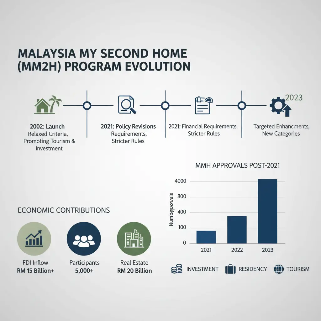 Infographic detailing Malaysia My Second Home (MM2H) program changes over time, showing a sharp decline in approvals after 2021 reforms.