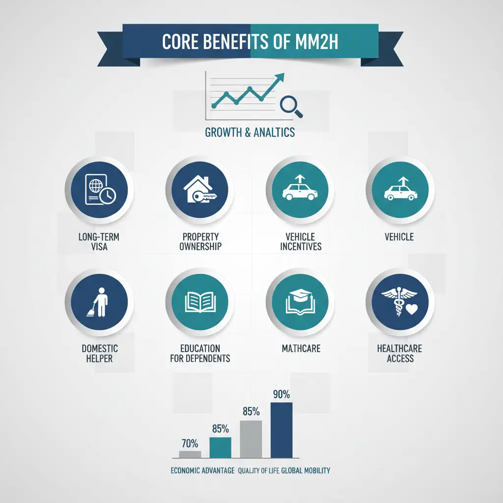 Infographic detailing core benefits of Malaysia My Second Home (MM2H) program