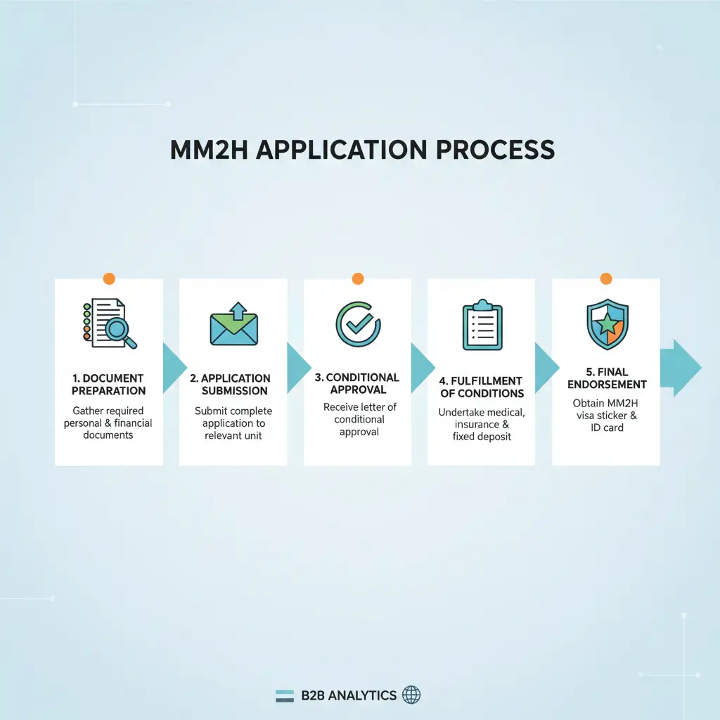 Infographic showing the step-by-step MM2H application process for Malaysia My Second Home visa