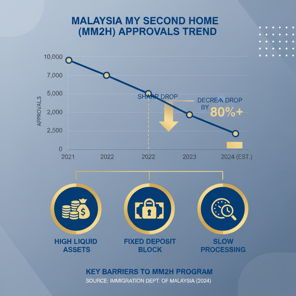 Infographic showing the decline in Malaysia My Second Home (MM2H) program approvals due to new stringent financial requirements and slow processing times.