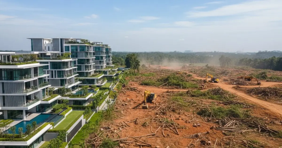 Luxury expat housing development encroaching on deforested land in Malaysia, highlighting MM2H environmental impact