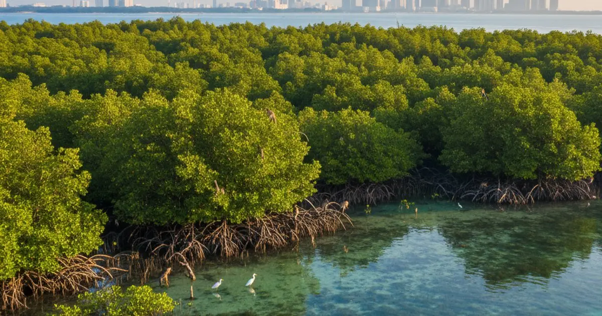 Pristine Malaysian mangrove forest and coastal ecosystem, symbolizing natural resources threatened by MM2H development