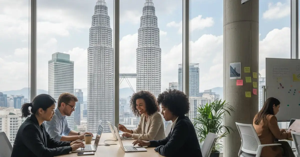 Digital nomads working in a modern Kuala Lumpur co-working space, with the Petronas Towers in the background, symbolizing Malaysia's appeal for remote workers and the new digital nomad visa.