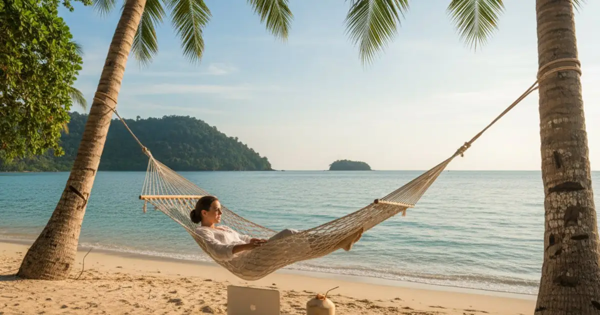 A person relaxing on a beach in Langkawi, Malaysia, with a laptop nearby, illustrating the attractive lifestyle for MM2H participants and potential digital nomads.