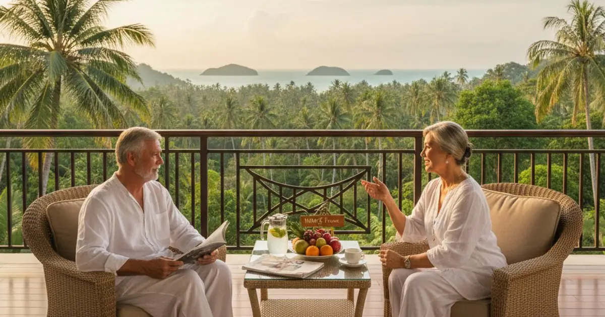 Elderly couple relaxing in a luxurious Malaysian villa, representing the long-term benefits and appeal of the MM2H program.