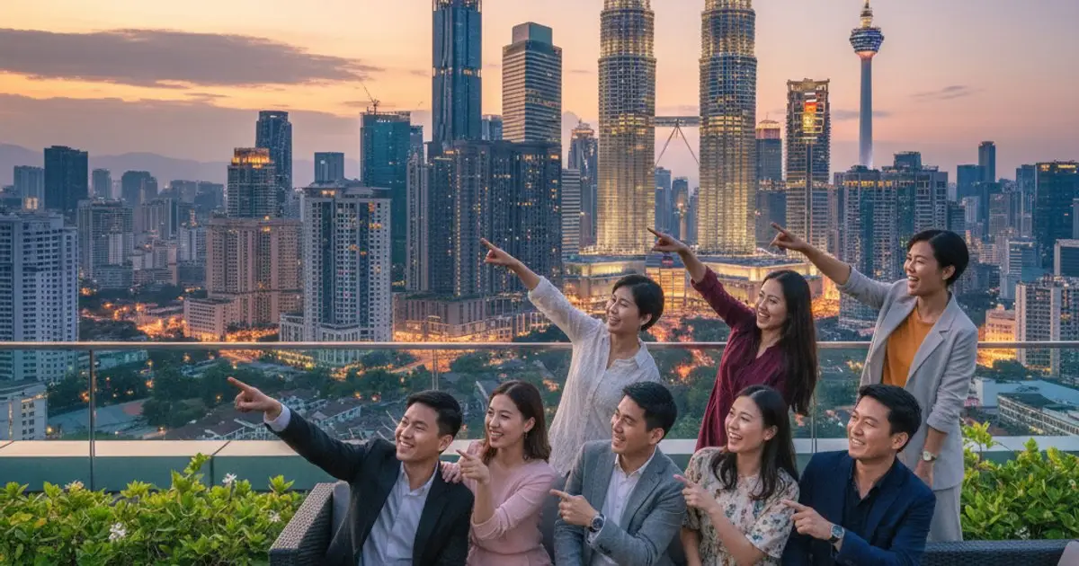 Diverse group of MM2H visa holders enjoying Kuala Lumpur skyline, representing global and ASEAN residents