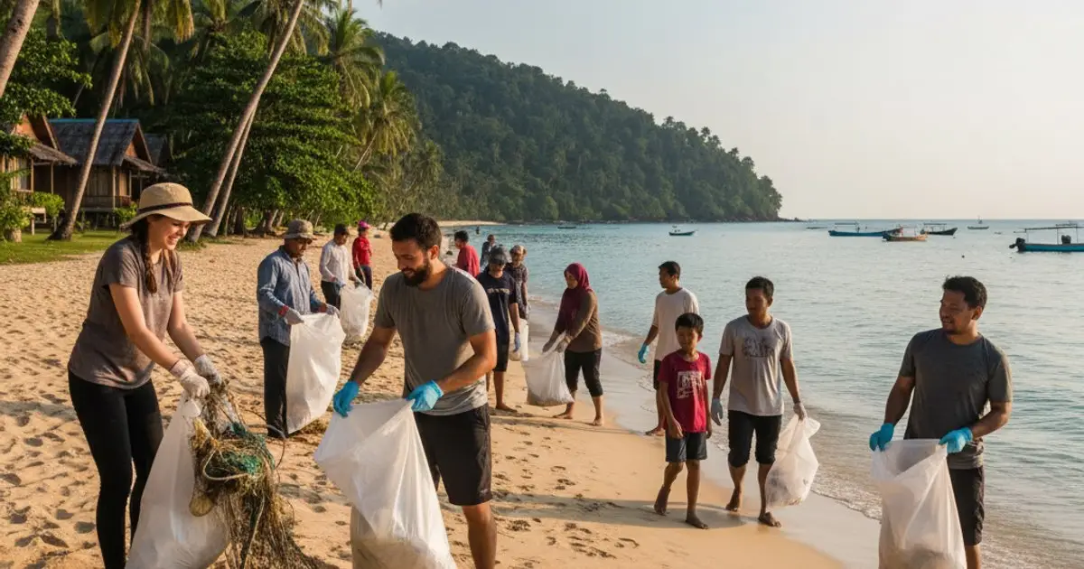 MM2H participants and locals cleaning a Malaysian beach, promoting environmental sustainability and waste management